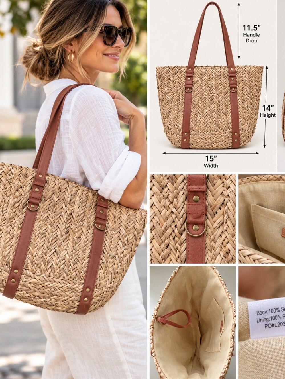 Bay Sky Seagrass Woven Tote Bag Brown Shoulder Straps Coastal Beach Boho
